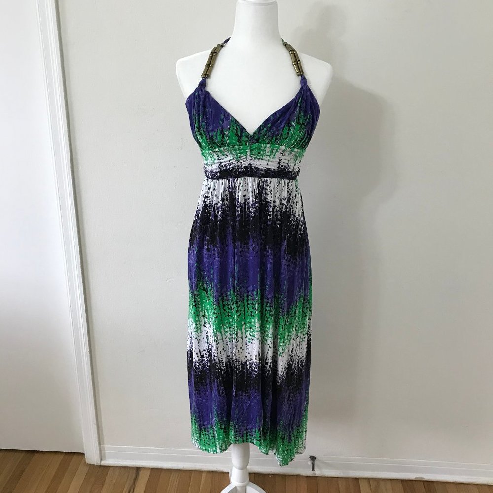 Tart Print High-Low Midi Halter Bead Neck Dress